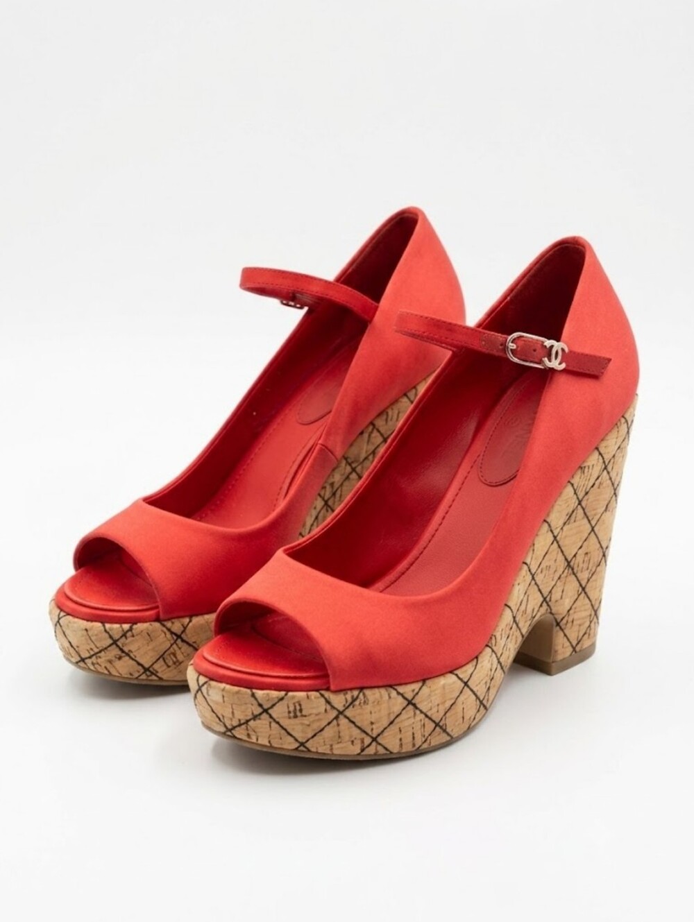 ​CHANEL Vintage Red Silk Quilted Cork Wedge Platform Sandals Size 6.5
